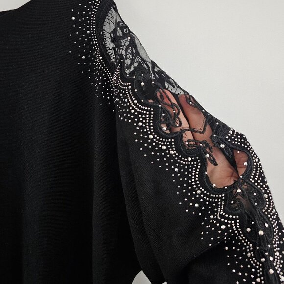 Tahari Black Sweater Rhinestone Sheer Lace Embellished Sleeves Womens 3X Holiday - Picture 3 of 9
